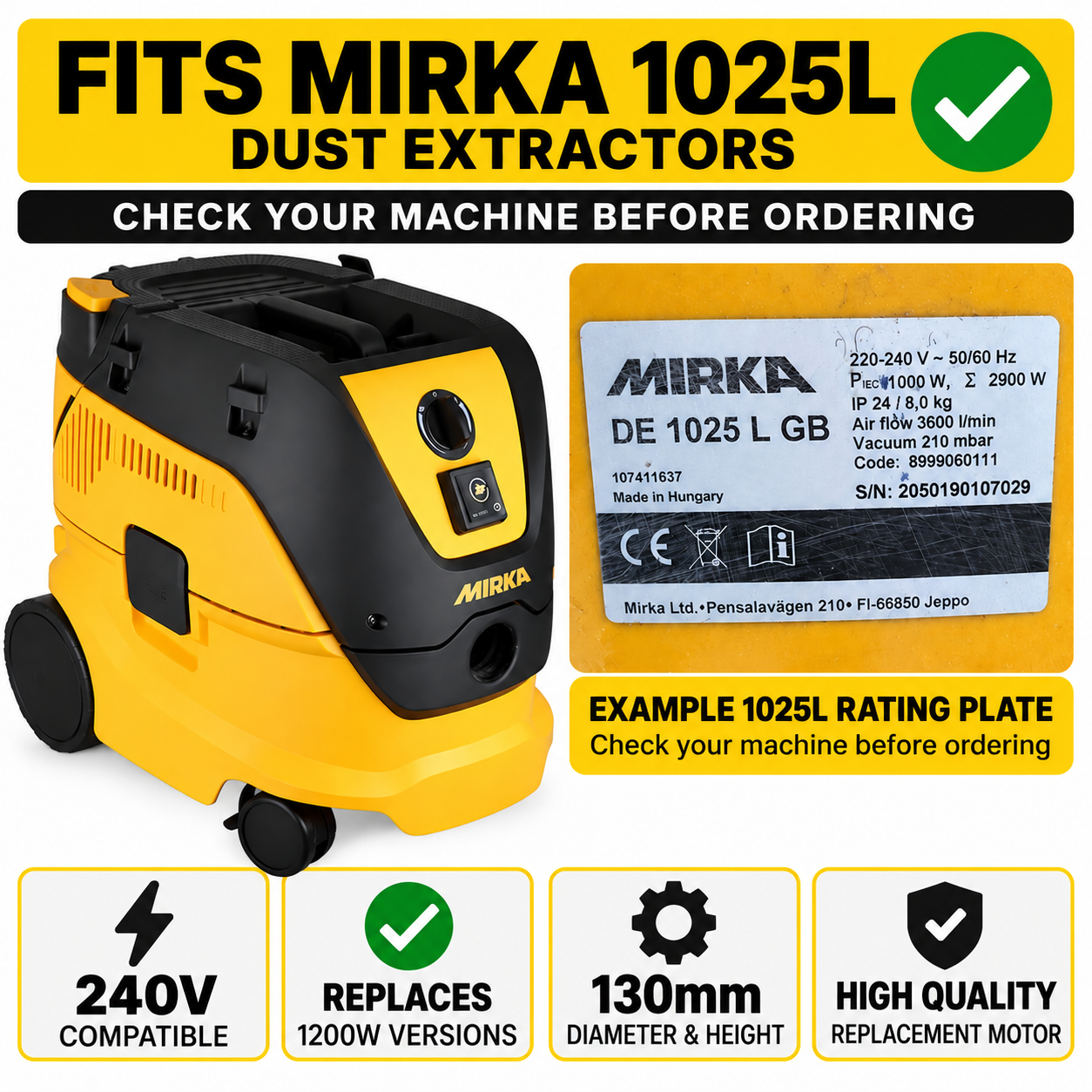 Mirka 1025L Dust Extractor Motor 1350W 240V – KA01C Replacement